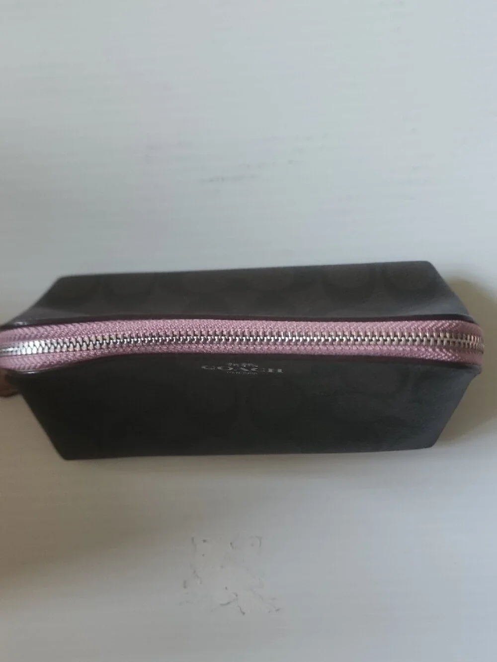 Coach Cosmetic Case 17  Signature Canvas Pouch with Pink Zipper.